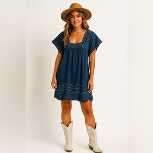 Abercrombie & Fitch Embroidered Denim Boho Cottagecore Festival Dress Size XS